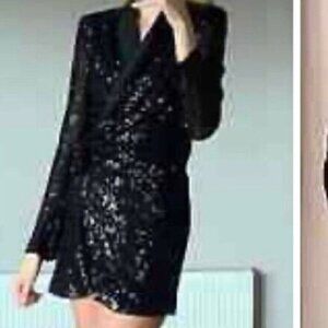 ZARA Black  Cocktail Short Sequin Long Sleeve Dress Size S